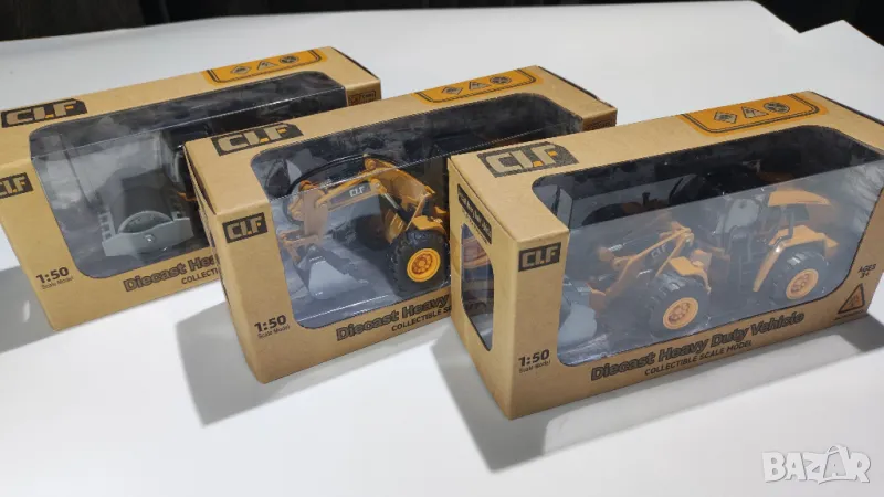 Метални камиончета - строителни машини – валяк, багер, фадрома. Мащаб 1:50, снимка 1