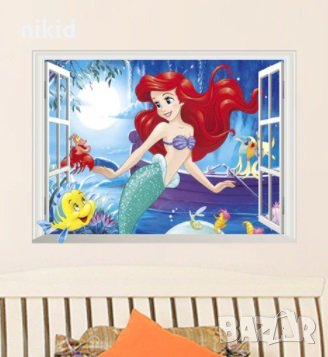 3D стикер лепенка за стена Малката Русалка Ариел флаундър и рак прозорец, снимка 1