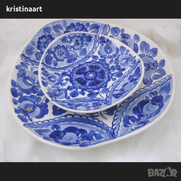 Старинен сервиз от 7 части ръчно декориран в синьо, снимка 1