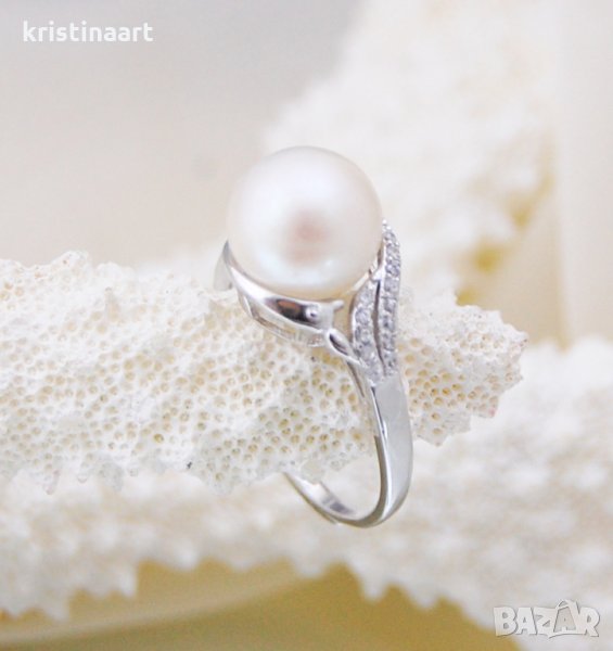 Сребърен безразмерен пръстен с естествена перла , снимка 1