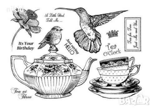 Сервиз чайник чаши и птички силиконов гумен печат декор бисквитки фондан Scrapbooking, снимка 1