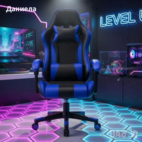 Ергономичен офис и геймърски син стол – Максимален комфорт за гърба и врата, регулируем, снимка 3 - Столове - 54204506