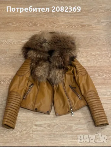 Дамско кожено яке агнешка коса с лисица качулка