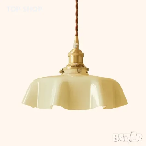 NICRX 250 mm стъклена висяща лампа с жълто цвете, висяща лампа от златен месинг и стъкло, снимка 2 - Лампи за таван - 49551806