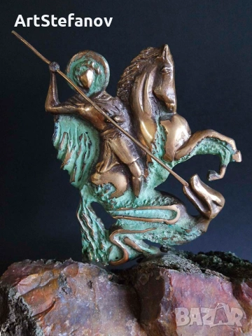 Свети Георги, скулптура, бронз върху основа яспис , снимка 3 - Статуетки - 53338125