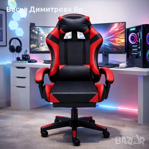 Удобен геймърски стол с поставка за крака и масажна лумбална възглавница, Черно-червен, снимка 9 - Столове - 56060068