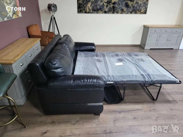 Черен кожен диван тройка с функция сън, снимка 4 - Дивани и мека мебел - 44438542