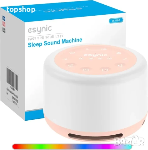 eSynic Машина за бял шум с 32 успокояващи звука и нощна лампа, USB C, блутут за музика