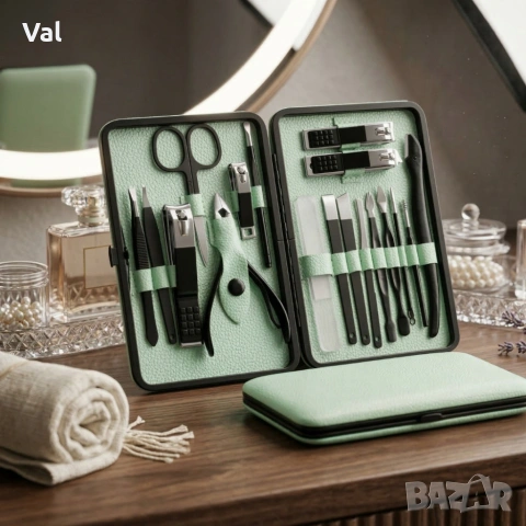 Комплект за маникюр от 18 части в елегантен зелен калъф, снимка 2 - Други - 53892508