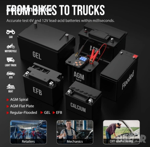 KONNWEI KW218 6V 12V тестер за акумулатори 100-2000CCA,анализатор на акумулатори,тестер за зарежданe, снимка 6 - Аксесоари и консумативи - 54160988