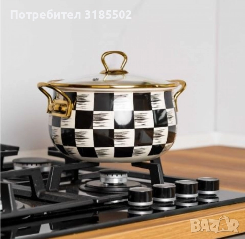 Тенджера Goldmann 24x15см. 6.2л./  26x16см. 8.5л., 4л., 5л., Емайл. Индукция. Бял/Черен каре