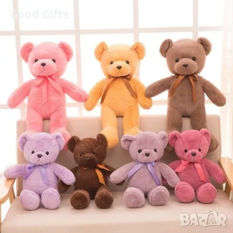 Плюшено Мече с панделка, 35см Розово, Кафяво, Лилаво и др.