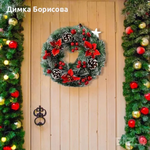 Коледен венец за декорация с шишарки и изкусветни коледни звезди, снимка 1