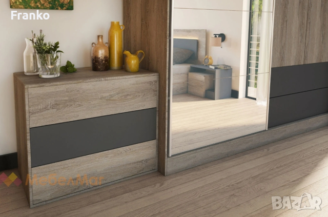 Спален комплект с гардероб с огледало 2бр нощни шкафчета и скрийн, снимка 2 - Спални и легла - 44921526