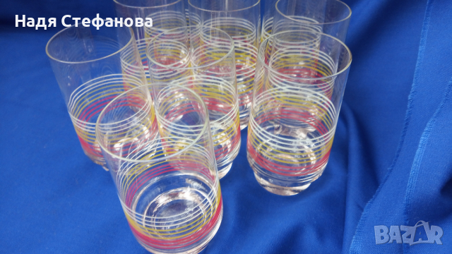Ретро стъклени чаши за безалкохолно, цветни кантове – 10 бр, снимка 7 - Чаши - 44530284