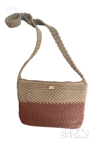 Дамска плетена чанта, беж и кафяво, ръчно изработена, снимка 3 - Чанти - 42698885