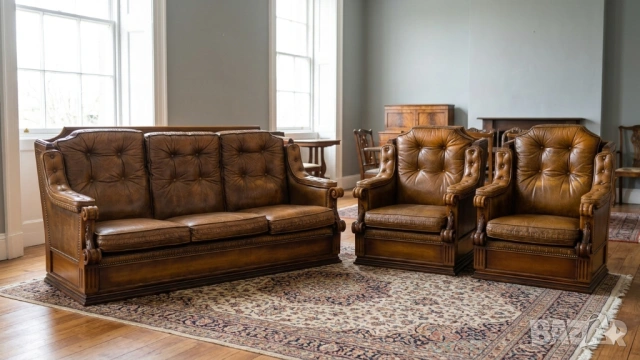 Елегантна Кожена Холова Гарнитура „Vintage Chesterfield“ – Комплект 3+1+1