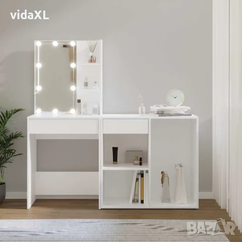 vidaXL LED тоалетка с шкаф, бяла, инженерно дърво, снимка 2 - Тоалетки - 56146550