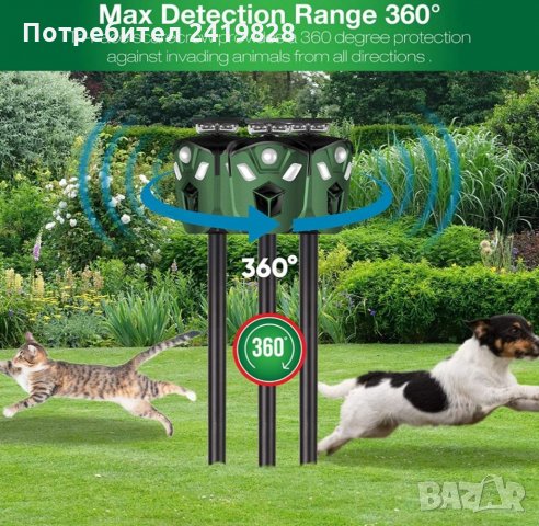 Techune® Animal Repeller 360 градуса слънчев ултразвуков репелент за  открито за домашни любимци, снимка 6 - Други - 35381368