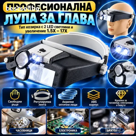 Лупа за глава с LED осветление и увеличение 1.5X–17X