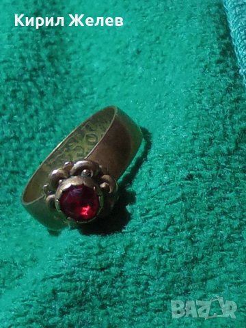 СТАРИНЕН ПОЗЛАТЕН БРОНЗОВ ПРЪСТЕН от ДИНАР КРАЛСТВО ЮГОСЛАВИЯ с ФАСЕТИРАН ЕСТЕСТВЕН ГРАНАТ 32351, снимка 2 - Антикварни и старинни предмети - 38360245