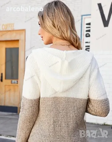 Дамска лежерна ежедневна плетена жилетка със средна дължина с качулка в контрастен стил, 3цвята , снимка 7 - Жилетки - 47500155