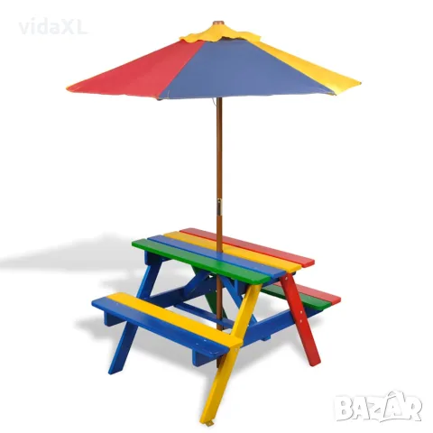 vidaXL Детска пикник маса с пейки и чадър, многоцветна, дърво
