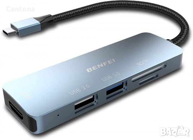 BENFEI USB C хъб 5 в 1, HDMI 4K, 2 USB порта, четец на SD/TF карти, Алуминиев корпус