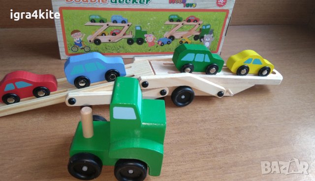 Подвижен Дървен Автовоз камион с 4 колички и голяма дървена платформа , снимка 11 - Образователни игри - 36583993