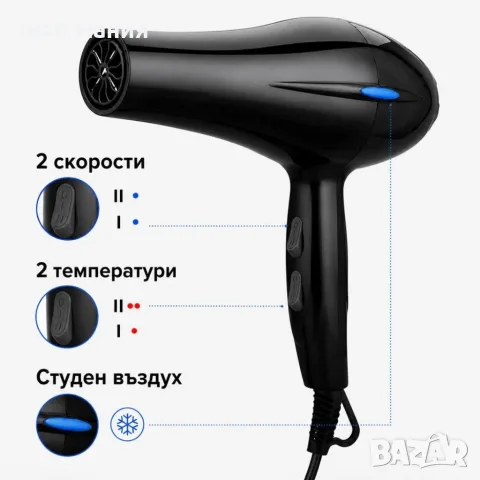 Компактен сешоар 900W с йонизация, студена струя, дифузер и концентратор, снимка 3 - Сешоари - 55936411