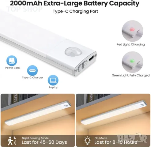 Кухненски лампи под шкафа 4 бр, 20 см, 2000mAh, 40 LED, USB-C, снимка 2 - Лед осветление - 49500156