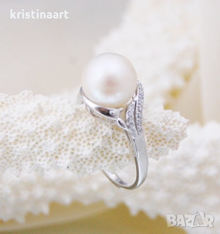 Сребърен безразмерен пръстен с естествена перла , снимка 1 - Пръстени - 20498610