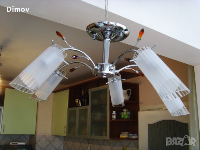 Полилей. Неръждаема стомана-инокс , кристал и стъкло - 220V5х 60W , снимка 6 - Полилеи - 31368472