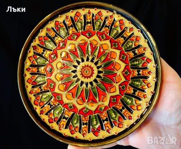 Бронзова чиния,пано 17 см.,клетъчен емайл Клоазоне. , снимка 3 - Пана - 30563364