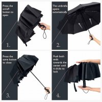 Нов Сгъваем ветроустойчив чадър автоматично отваряне Черен FYLINA , снимка 6 - Други - 35614261