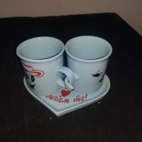 Комплект - чинийка с 2 чаши - сини, снимка 1 - Декорация за дома - 40699990