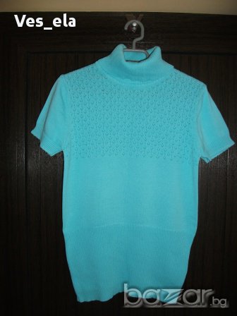 синя блуза машинно плетиво с поло яка и късо ръкавче, снимка 1