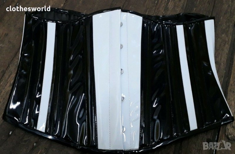 Лачен корсет под бюста в черно и бяло Busk с метални банели, снимка 1
