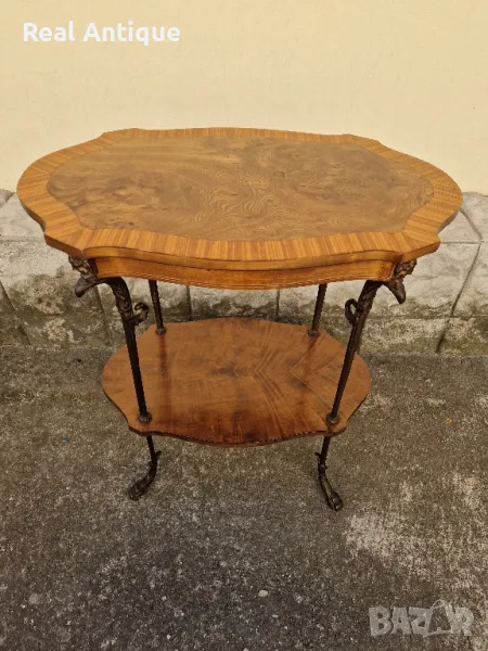 Уникална рядка антикварна френска дървена маса с интарзия и бронзови крака, снимка 1