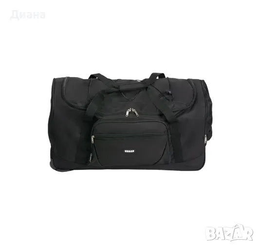Сак за пътуване с щамповано лого, колелца, регулируема презрамка с капацитет 86.9 литра в черен цвят, снимка 1