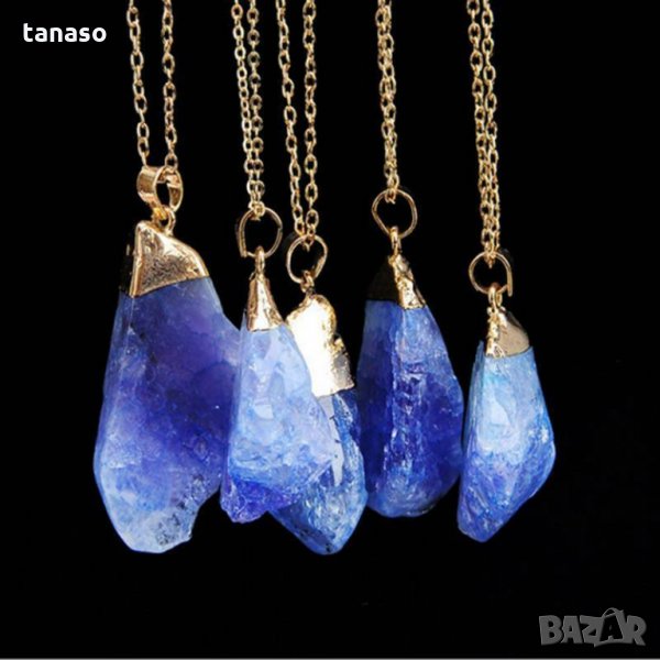 Колие син кварц в позлатен обков, снимка 1