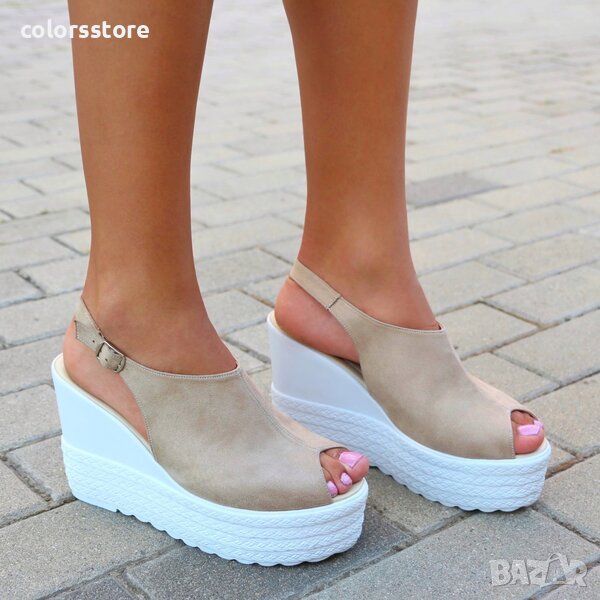 Сандали на платформа - бежов велур бяло ходило - SP303, снимка 1