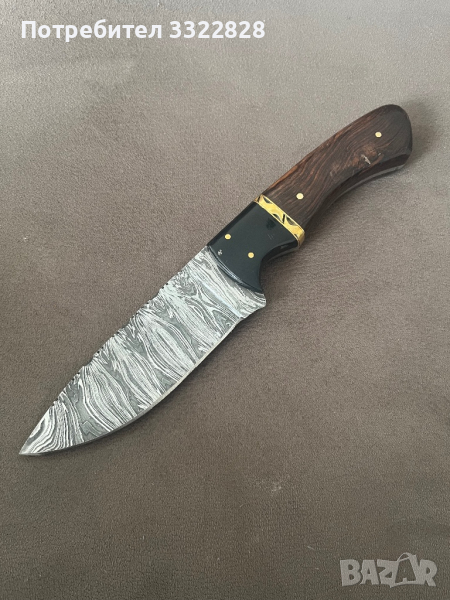 Ловен нож от Дамаска стомана с дръжка от палисандрово дърво и  кожена кания, снимка 1