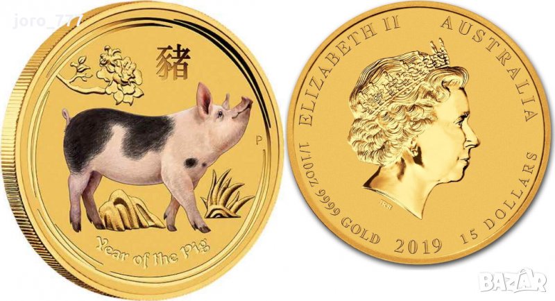 15 долара златна монета Австралийски лунар година на Прасето 1/10 oz 2019, снимка 1