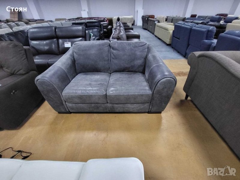 Сив кожен диван двойка "Galeria" - естествена кожа телешки бокс, снимка 1