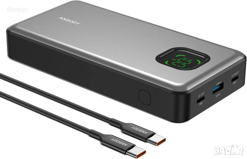 65W външна батерия, преносимо зарядно за лаптоп 25000mAh, с 3 порта и цифров дисплей, сребриста, снимка 1