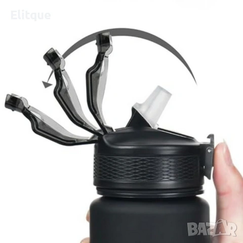 Черна мотивираща бутилка за вода 1L с почасова скала – пий вода навреме, снимка 3 - Други стоки за дома - 54216042