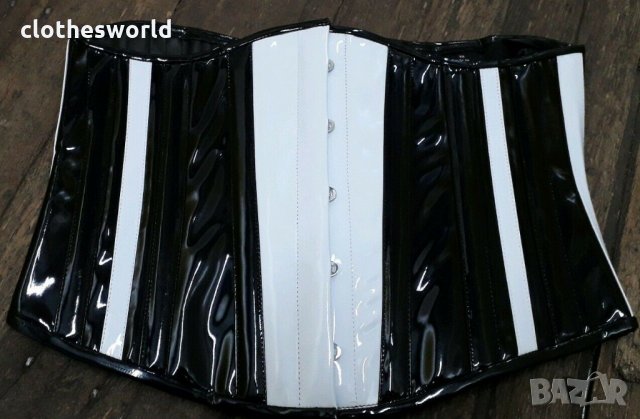 Лачен корсет под бюста в черно и бяло Busk с метални банели