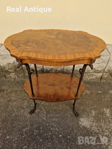 Уникална рядка антикварна френска дървена маса с интарзия и бронзови крака, снимка 1