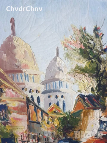 49х41см/малка стара картина масло върху платно/градски пейзаж-църква/дървена рамка, снимка 4 - Картини - 50853143